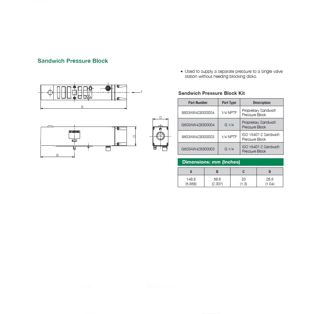 G503AW428300004 NUMATICS/AVENTICS SANDWICH PRESSURE BLOCK<BR>503 SERIES 1/4" G (PTY)